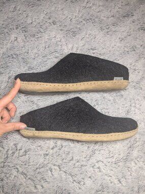 Glerups Wool Slippers Leather Sole Slip On Charcoal Gray Black Size 9 EU 40